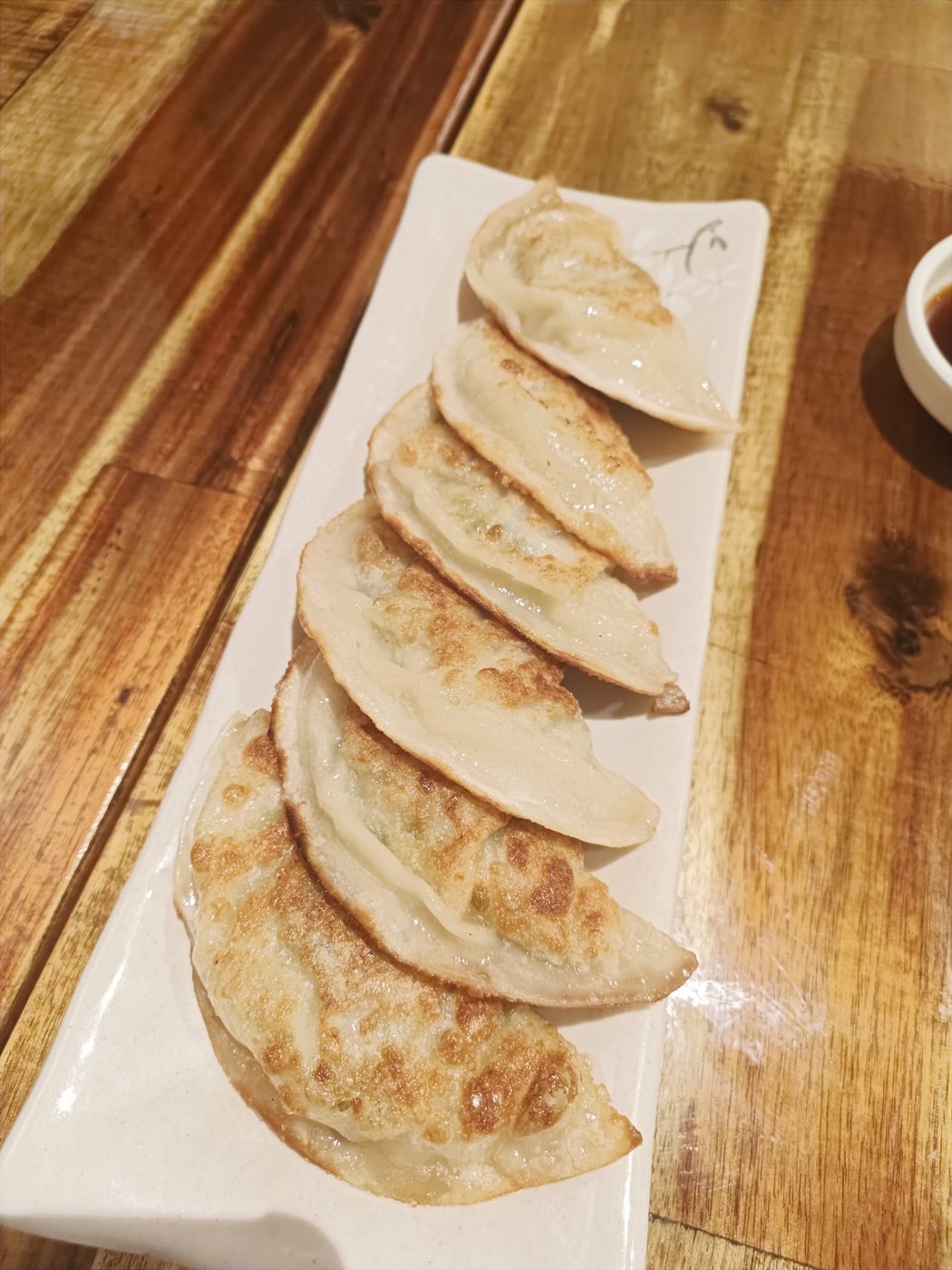 Six dumplings overlapping down a long white plate, browned on one side